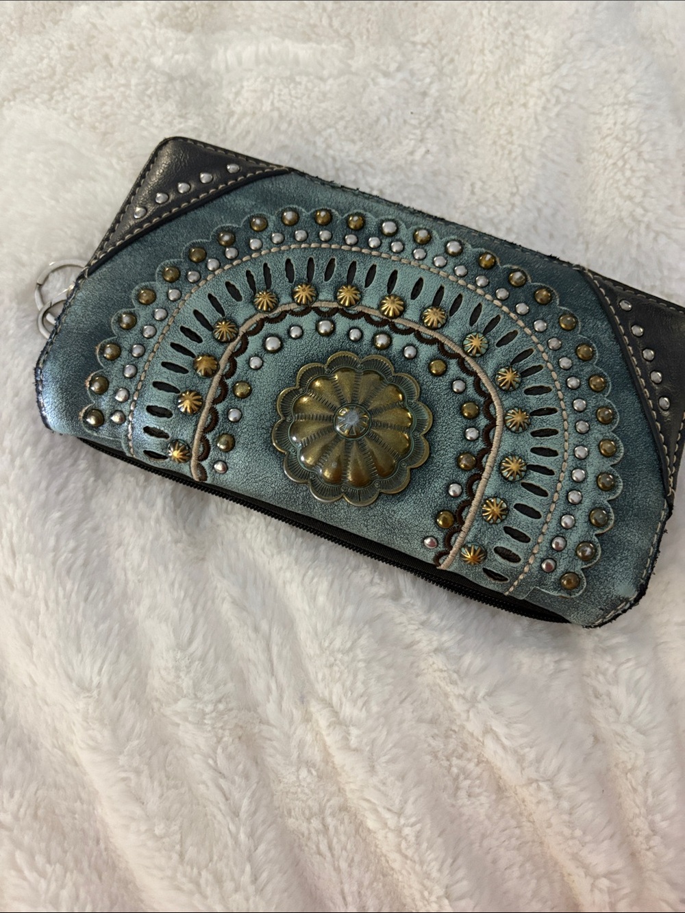 Montana West Teal and Black Concho Studded Zip Wallet